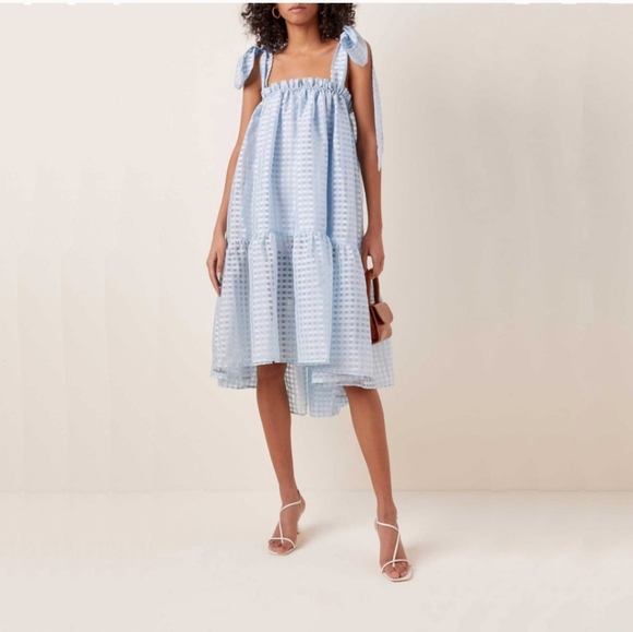Stine Goya Serena Tiered Gingham Tulle Ice Blue Midi Dress Size XS - Picture 1 of 7